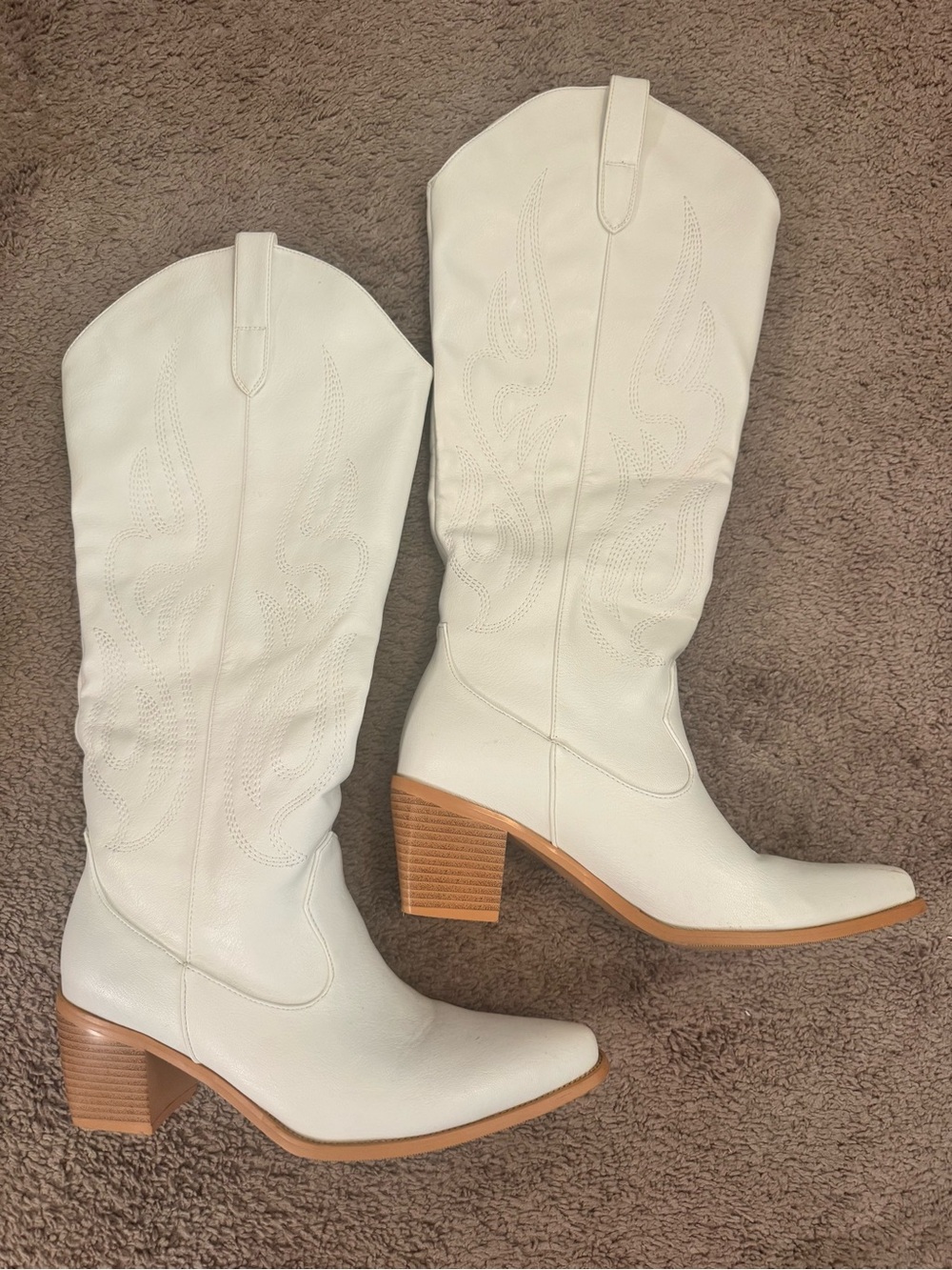 White Western Knee-High Leather Boots